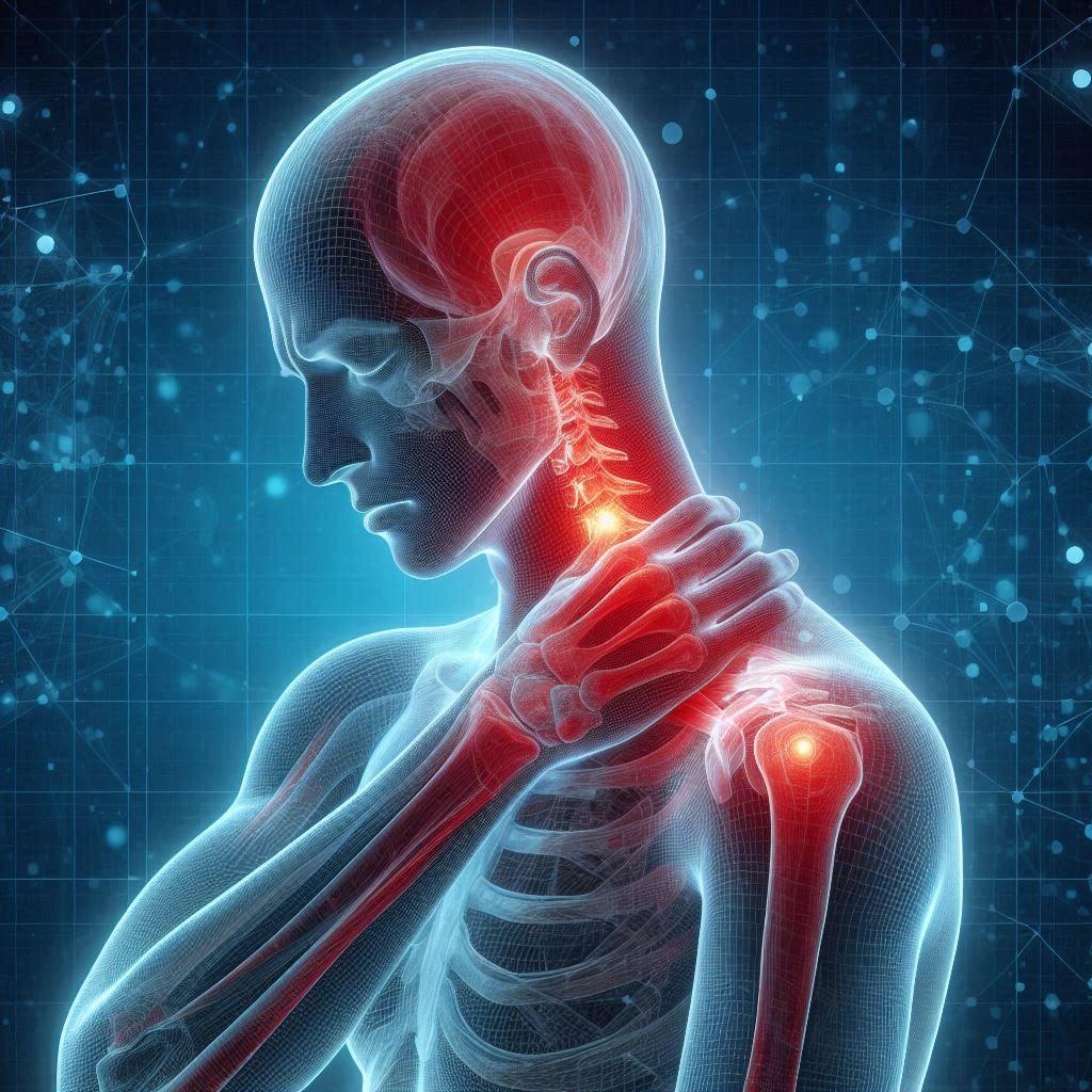 Static animation of a skeletal man with neck pain