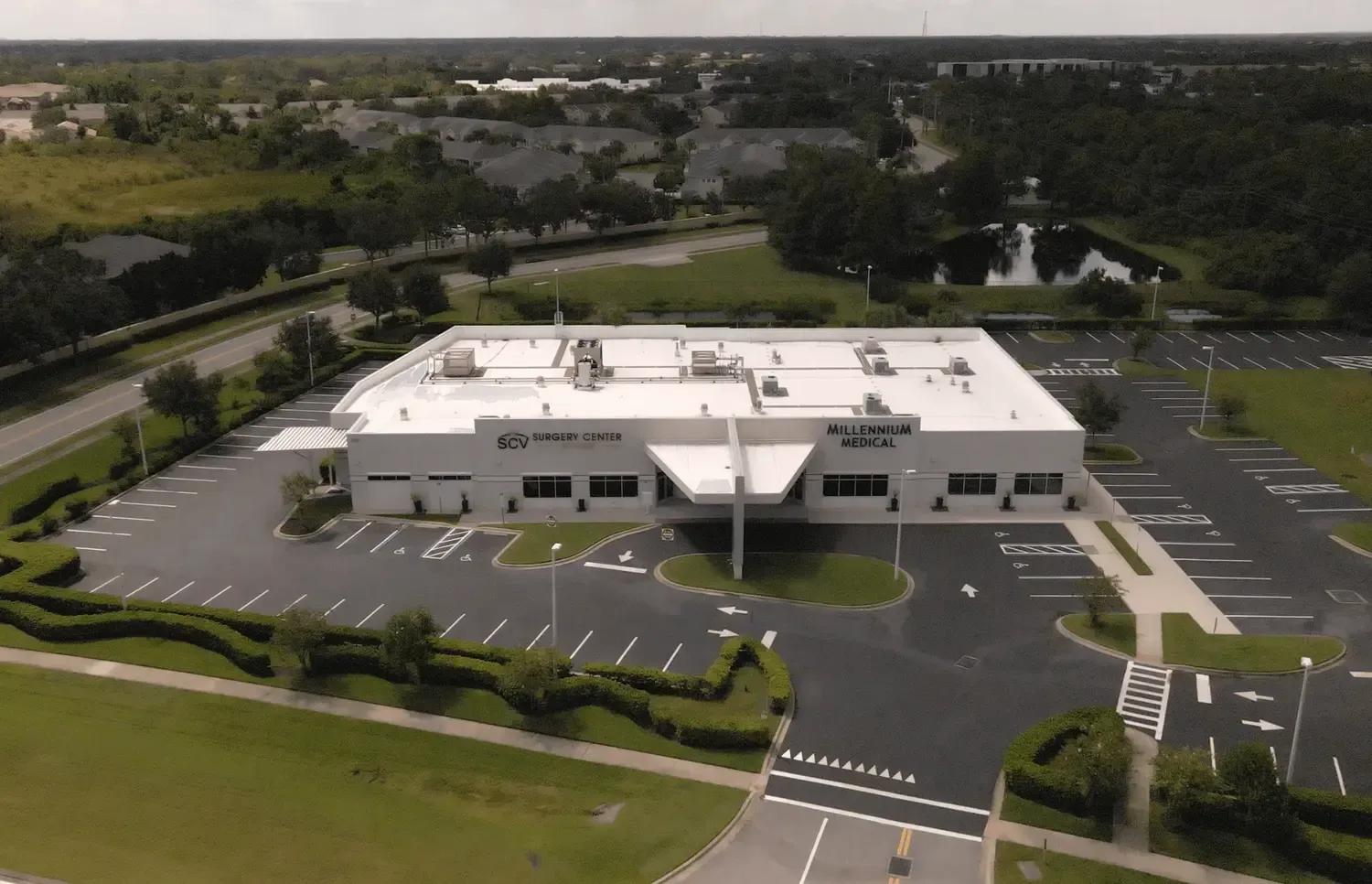 A drone shot of Deuk Spine Institute.
