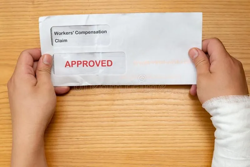 Hand holding an approved workers' compensation claim envelope on wooden table.