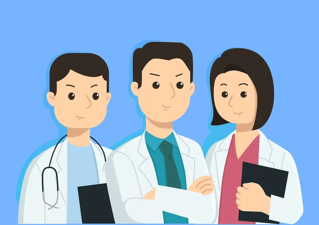 Three cartoon doctors, one female and two males, in white coats on a blue background.
