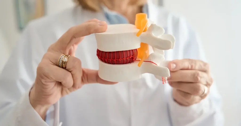 Doctor holding a spinal disc model illustrating a herniated disc pressing on a nerve.