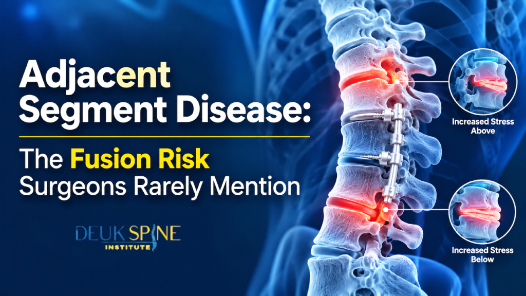 Diagram of a spine with highlighted stress points and text about adjacent segment disease risks.