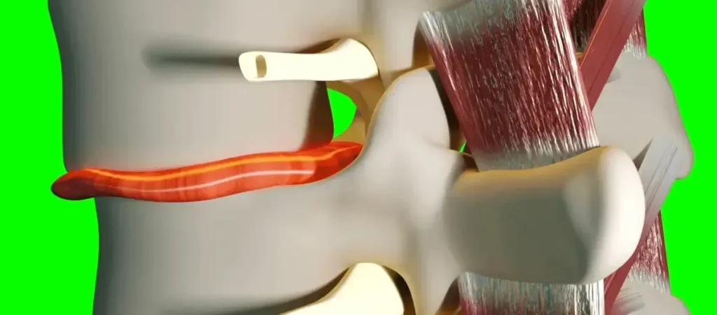 Illustration of a herniated disc showing spinal vertebrae with a protruding disc pressing on a nerve.