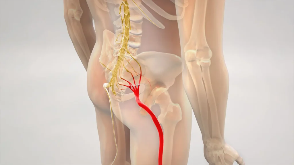 Illustration of human spine and sciatic nerve highlighting areas affecting sciatica