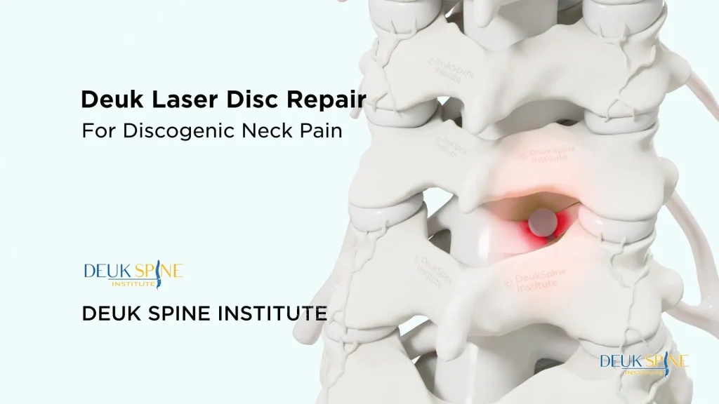 Illustration of Deuk Laser Disc Repair for discogenic neck pain, highlighting affected cervical disc area.