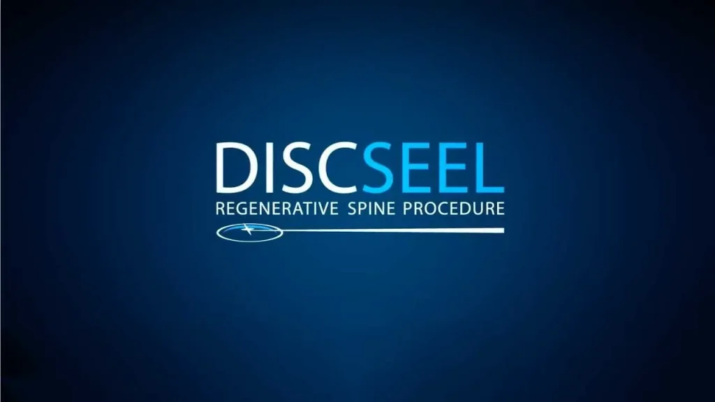 Discseel logo with the text "Regenerative Spine Procedure" on a dark blue background.