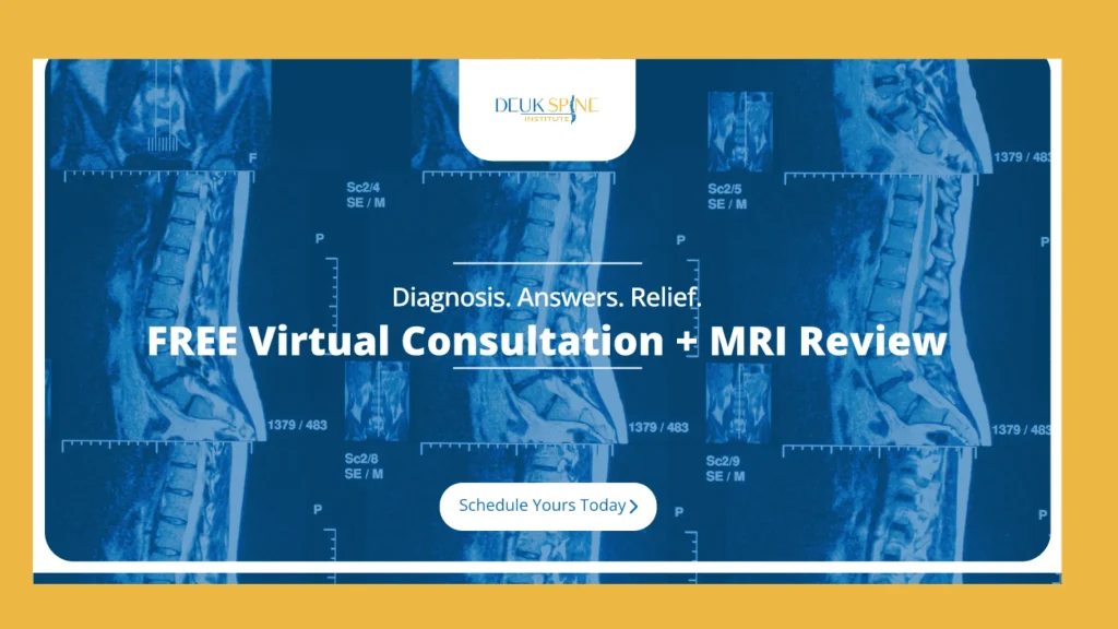 Promotional graphic offering free virtual consultation and MRI review for spine diagnosis and treatment.