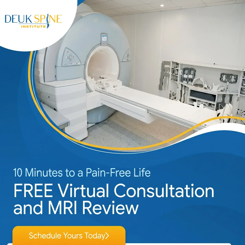 MRI machine in a medical setting with text offering a free virtual consultation and MRI review.