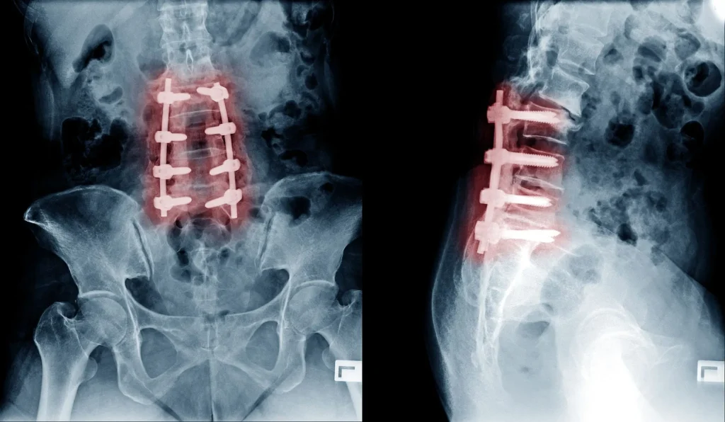 X-ray of lumbar spine with red-highlighted surgical screws and rods in place.