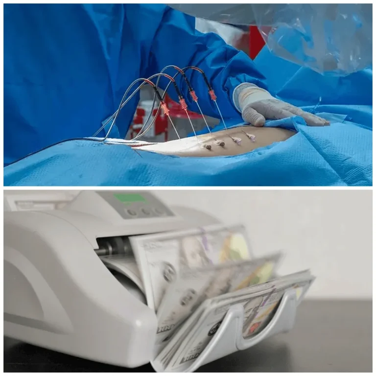 A surgery scene above a money counting machine with cash below.