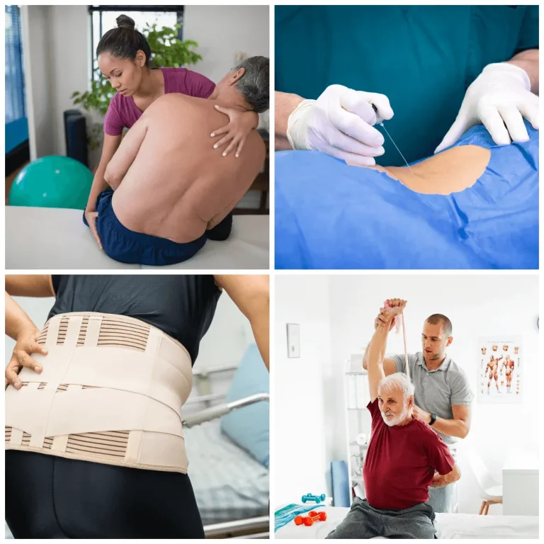 Collage of back pain treatments: massage, injection, lumbar support, and physical therapy.