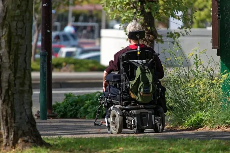 Person in motorized wheelchair on a path, with a green backpack attached.