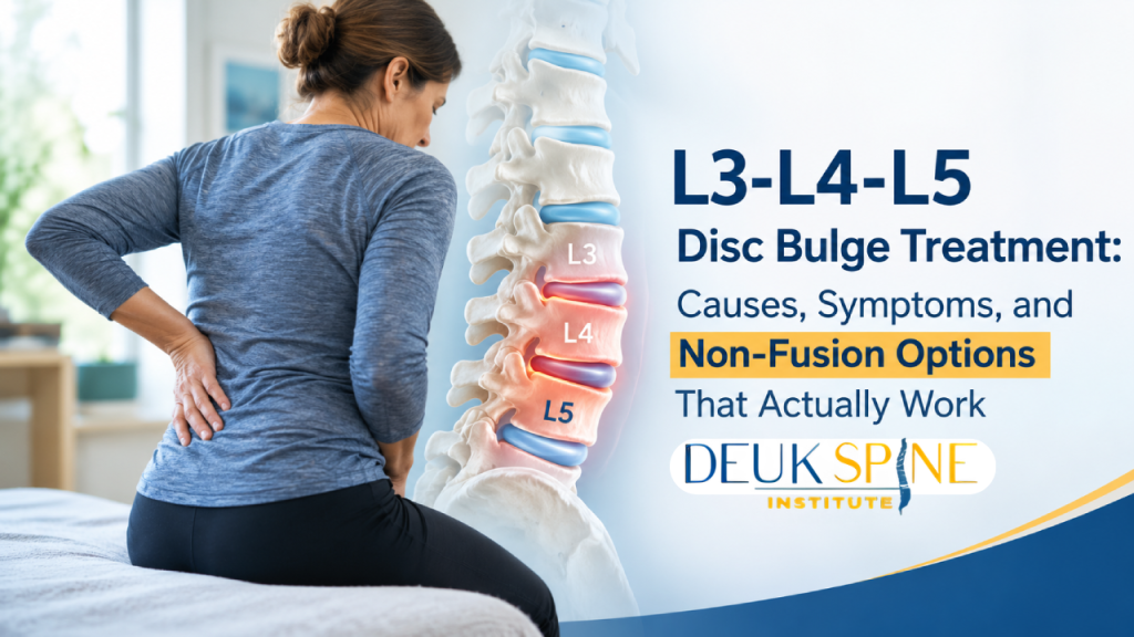 Woman with back pain sits by L3-L5 spine illustration promoting disc bulge treatment.