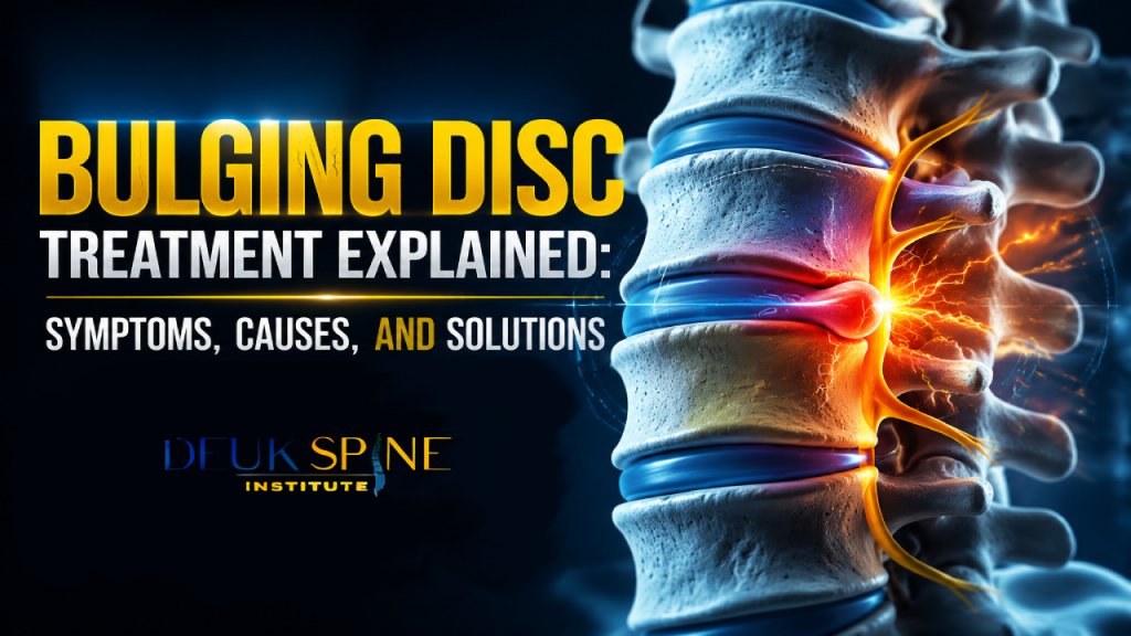 Illustration of a bulging disc pressing on nerves with text about treatment, symptoms, causes, and solutions.