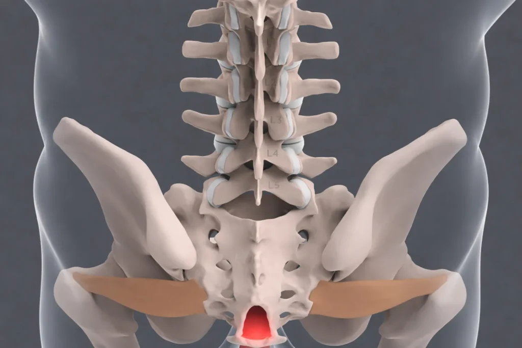 Illustration of the lower human spine and pelvis with highlighted lower vertebrae.