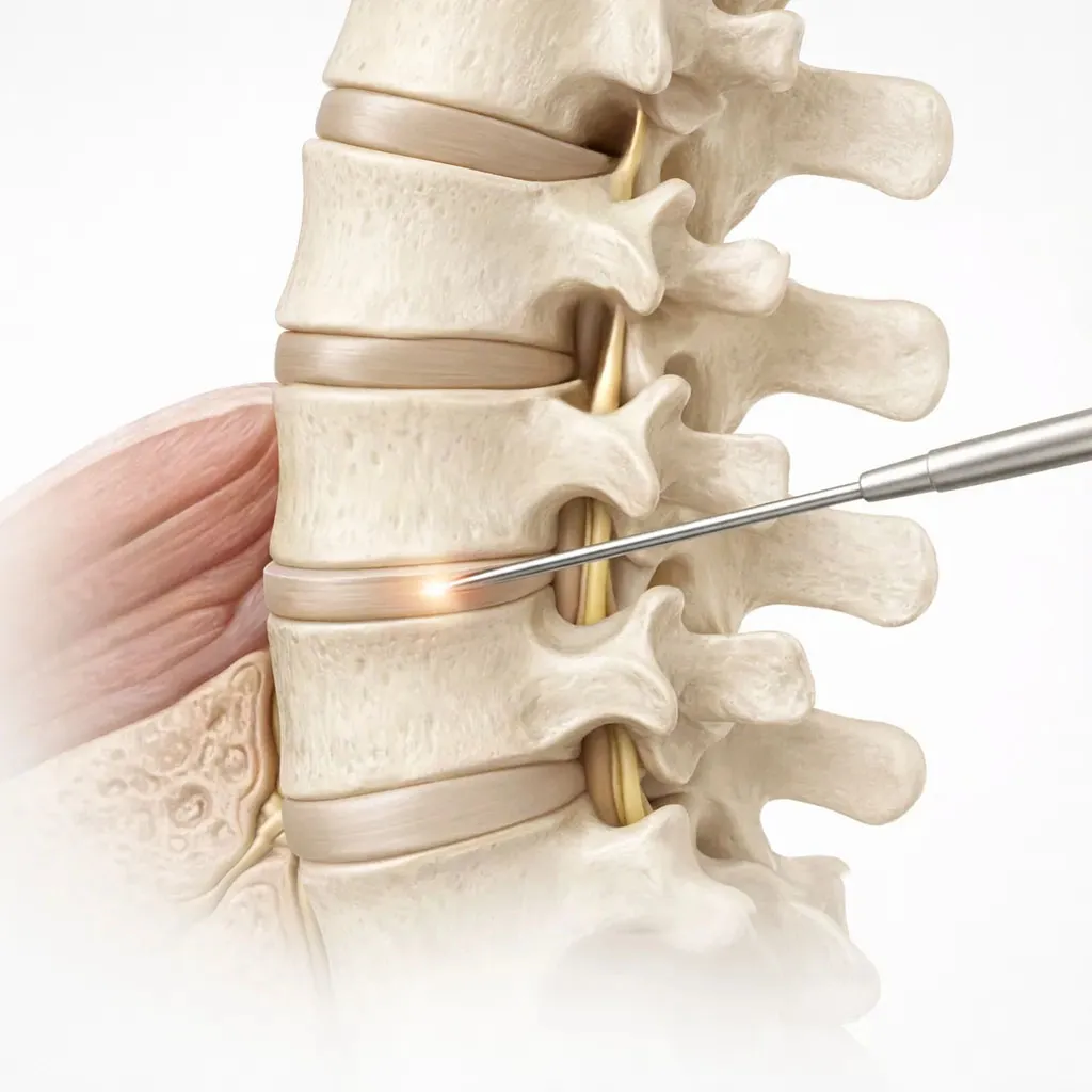 Illustration of a spinal disc being treated with a laser probe.