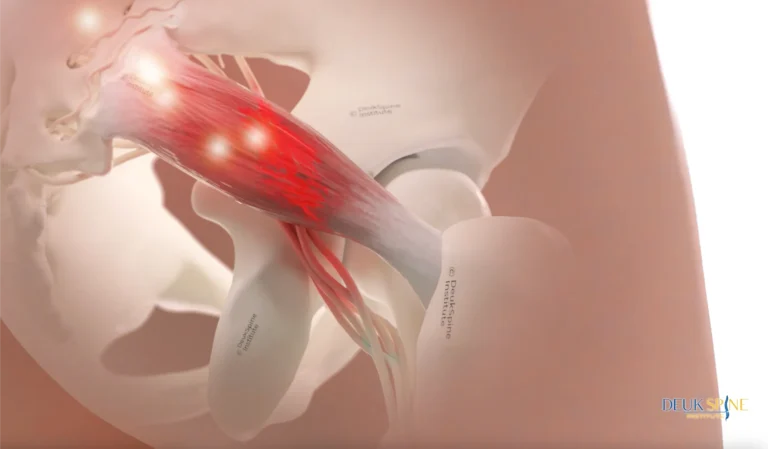 Illustration of the sciatic nerve within the pelvis showing highlighted areas of nerve pain.