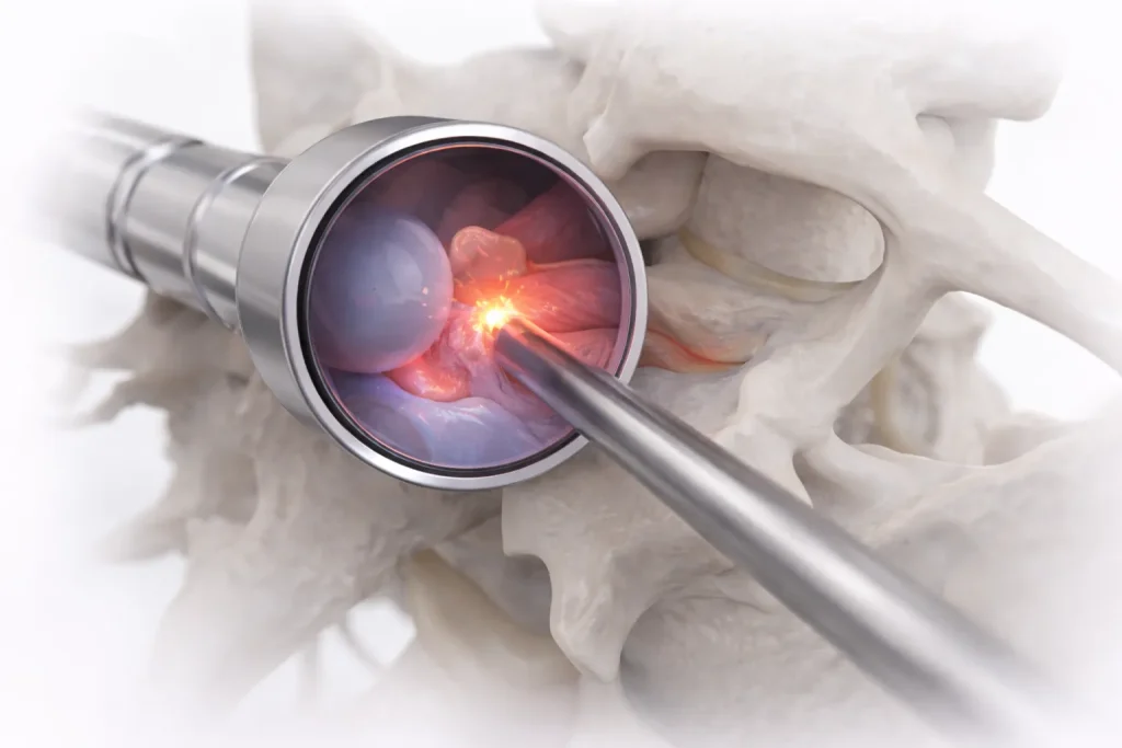 Close-up of a surgical tool performing a procedure on spinal tissue.