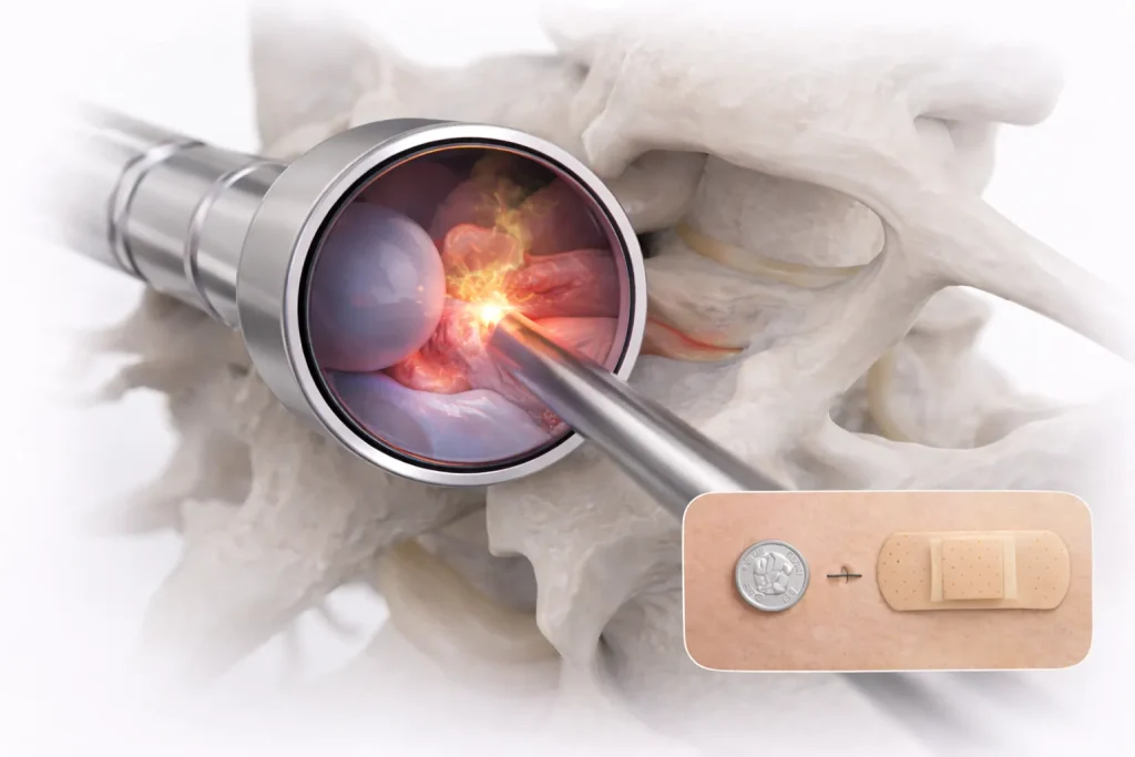 A surgical tool is targeting tissue with an inset showing a coin and a bandage on skin.