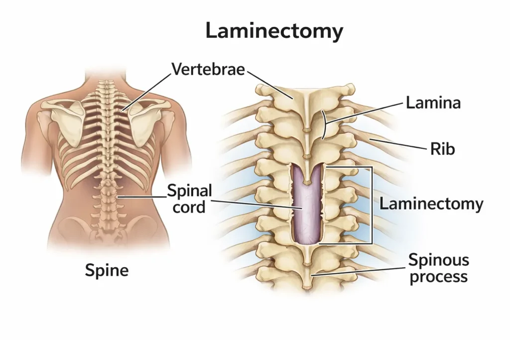 Illustration of a laminectomy showing vertebrae, spinal cord, ribs, and related anatomical labels.