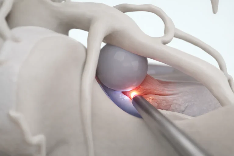 Surgical instrument performing a procedure near a spherical object and organic tissue.