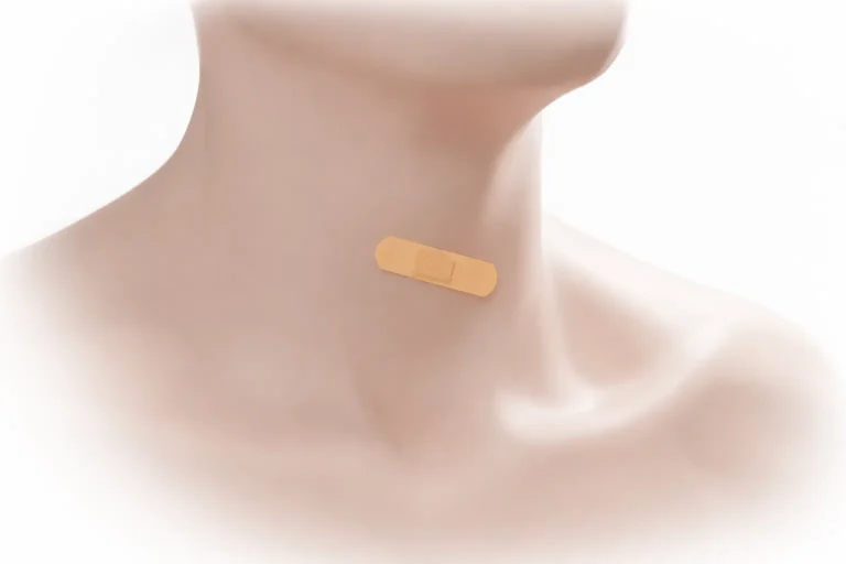 A bandage is applied to a neck.