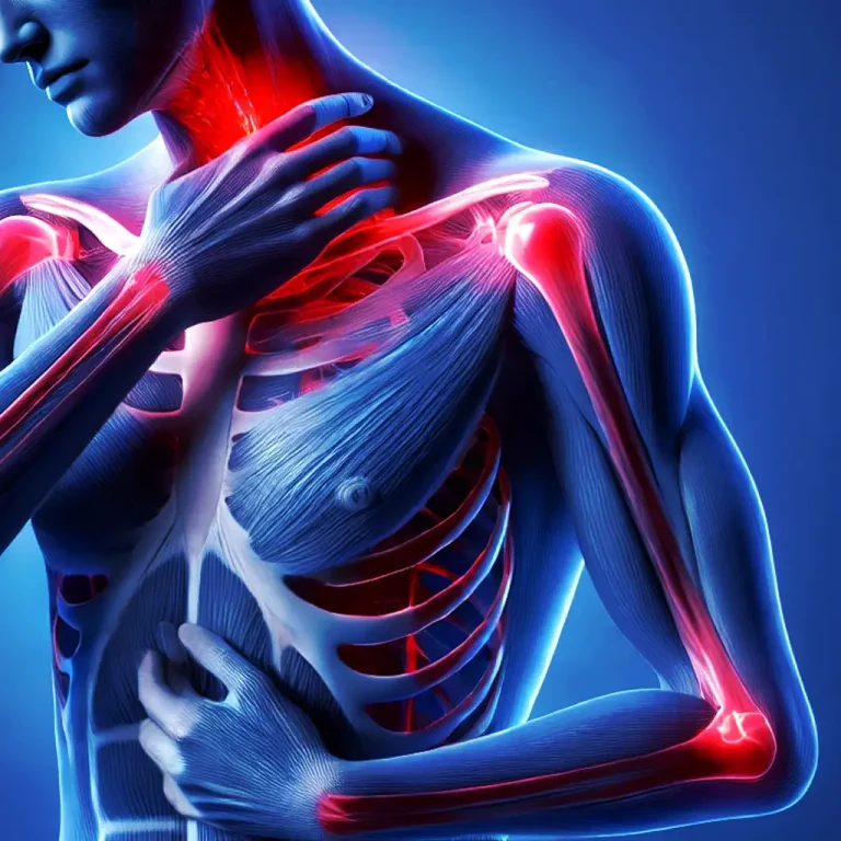 Illustration of human upper body with anatomy highlighting muscles and areas of pain in red.