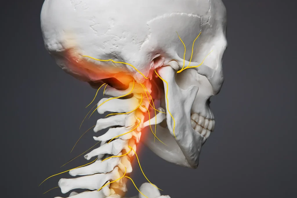 Side view of a human skull with highlighted nerves and spine areas in orange.