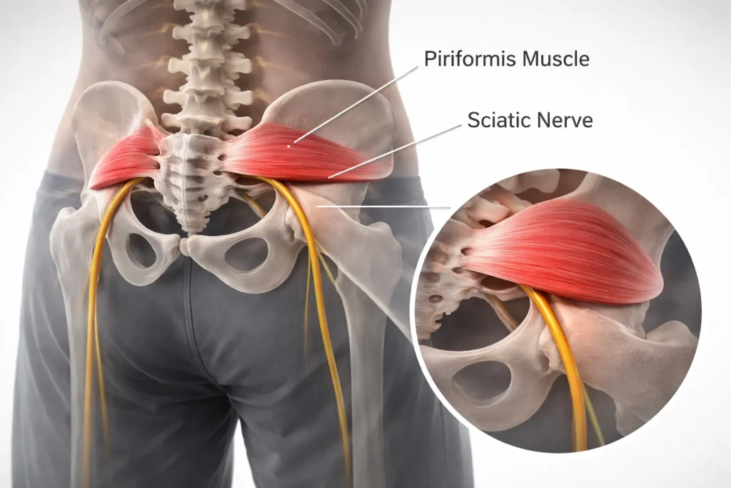 Illustration showing the piriformis muscle and sciatic nerve in the lower back and pelvis.