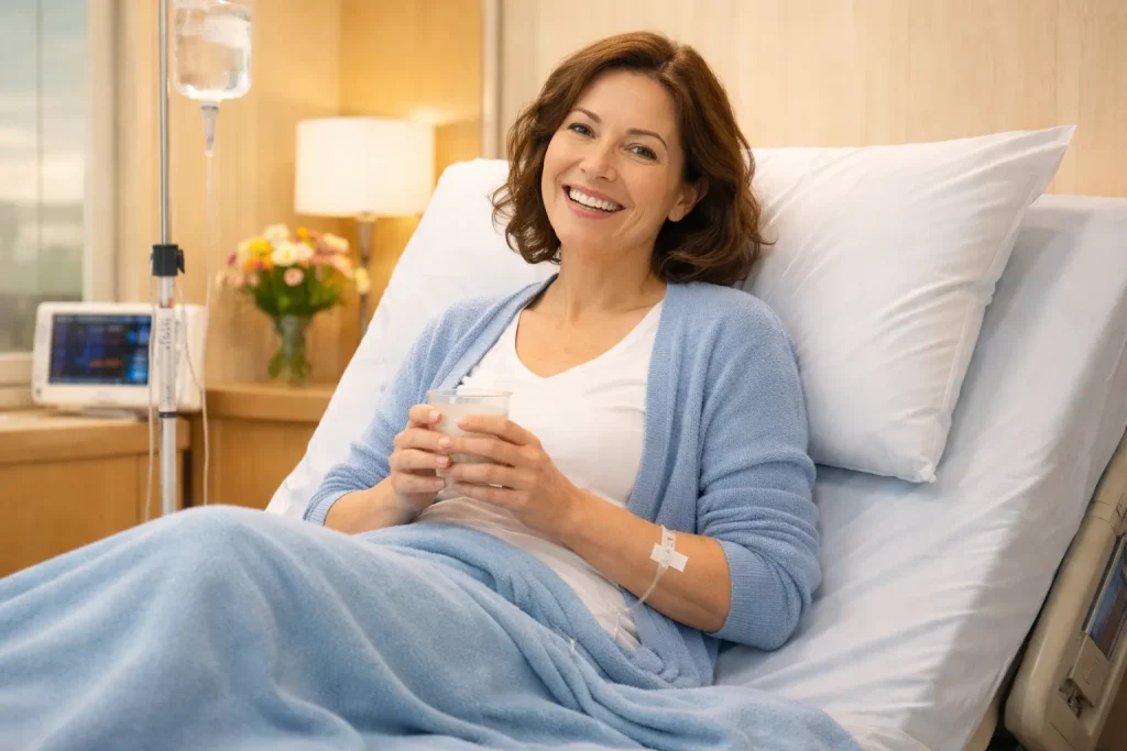 A smiling woman in a hospital bed holds a cup with an IV drip beside her.