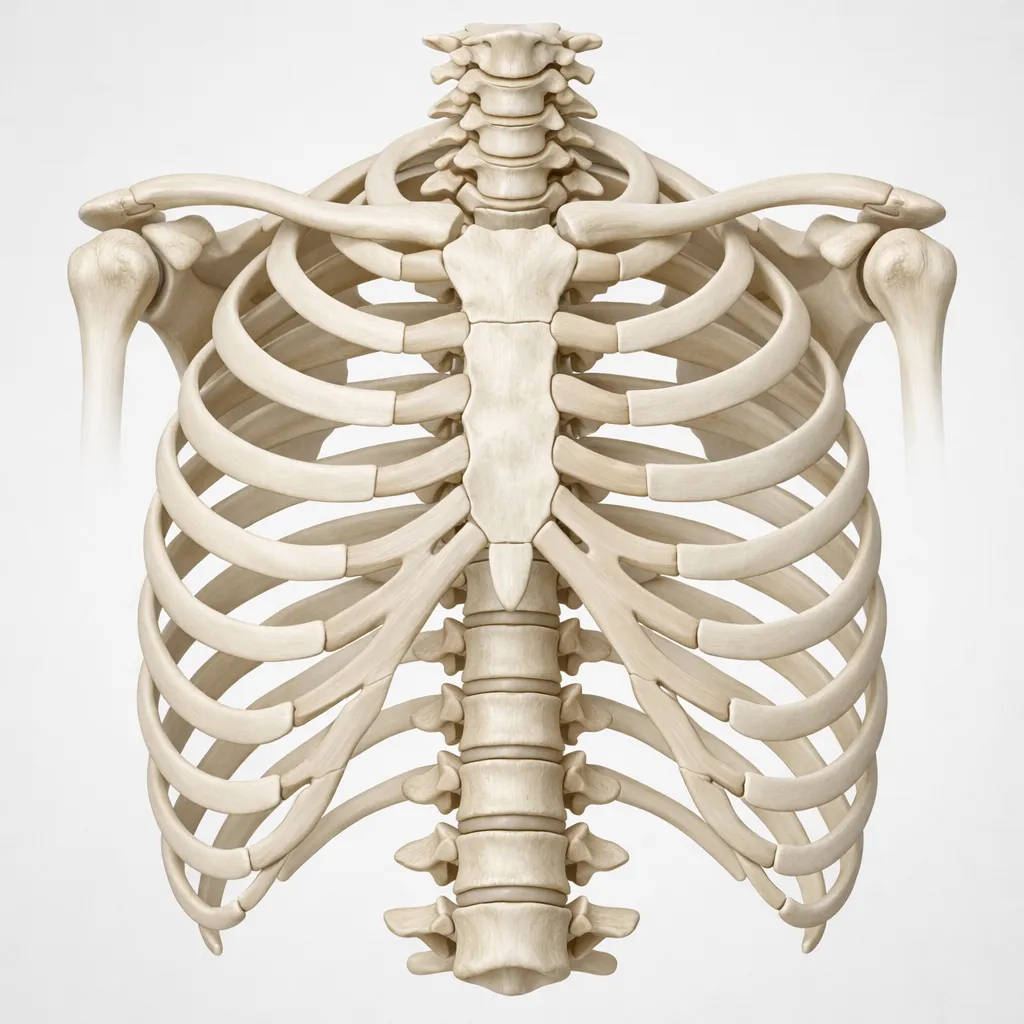 Illustration of a human rib cage and spine from the front.