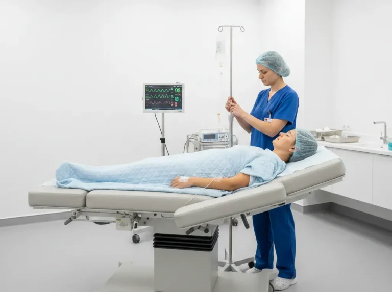 A nurse adjusts an IV drip for a patient lying on an examination table in a hospital room.
