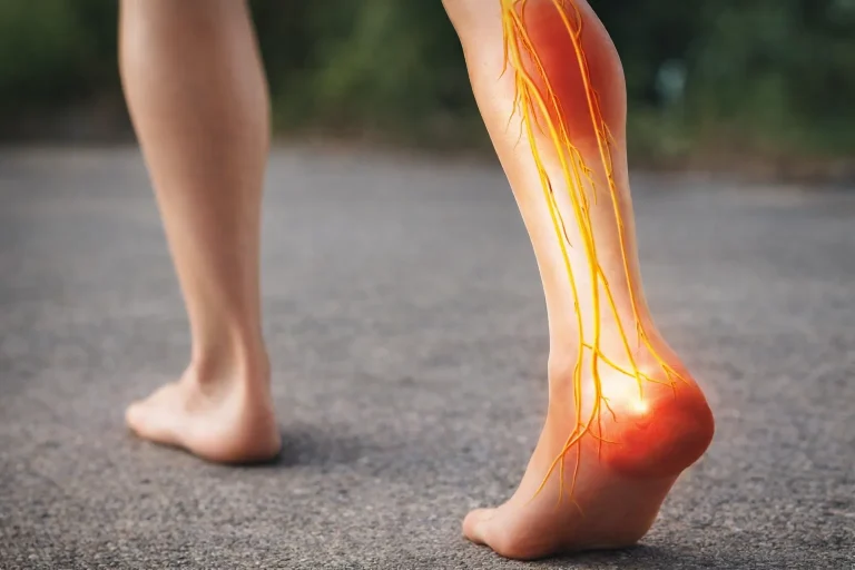A leg with highlighted nerves showing a pathway to the heel, indicating pain or sensitivity.