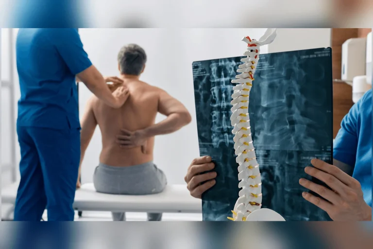 Doctor examining a patient's back with a spine model and X-ray.