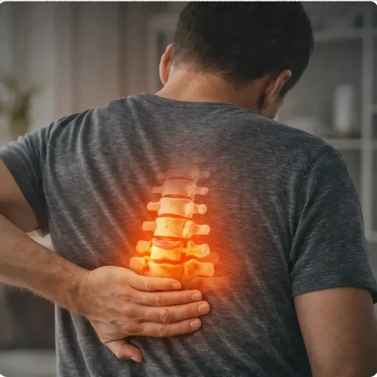 Person holding lower back with spine highlighted in red, indicating pain.