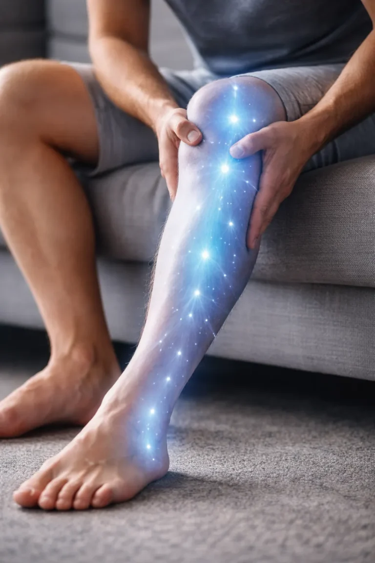 A person sitting on a sofa holding their leg with glowing blue lights symbolizing pain or nerve activity.