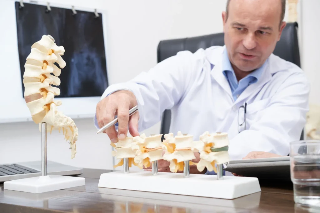 Doctor explaining a spine model using a pen.