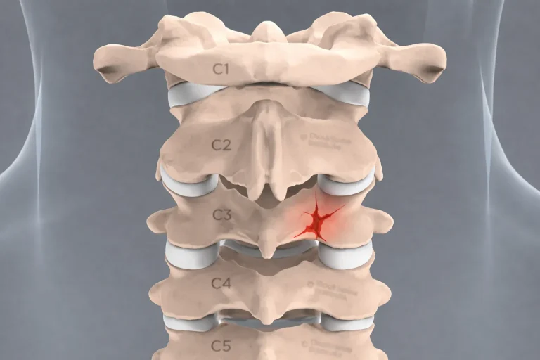 Illustration of the cervical spine highlighting inflammation at the C3 vertebra.
