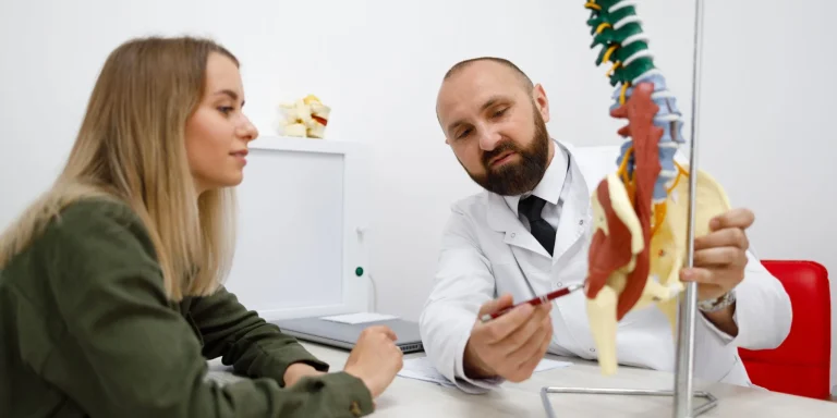 A doctor explains a spine model to a patient in an office setting.