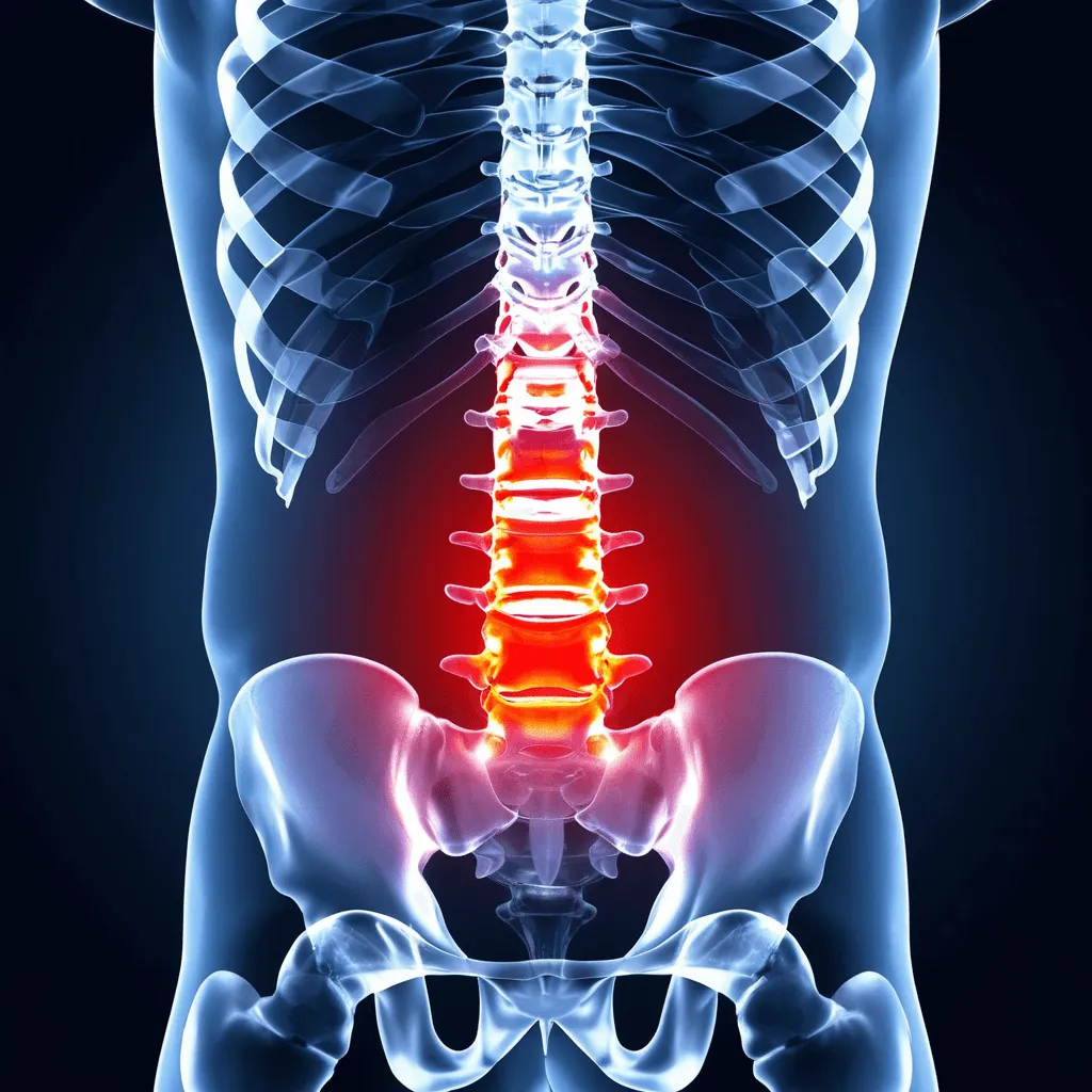 X-ray illustration of a spine with the lower back highlighted in red.
