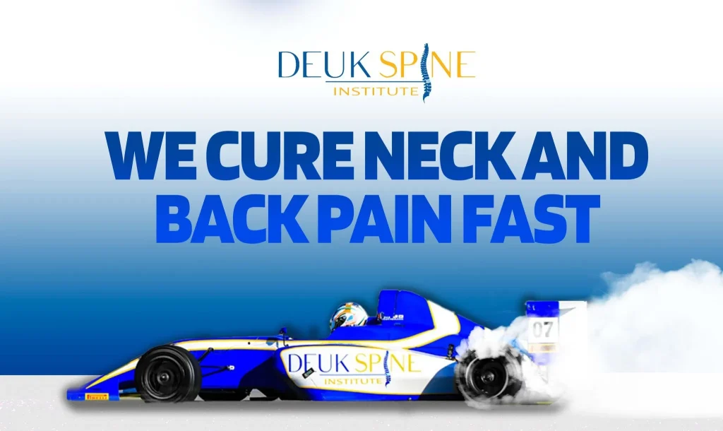 Racing car with "Deuk Spine Institute" logo and "We Cure Neck and Back Pain Fast" text.