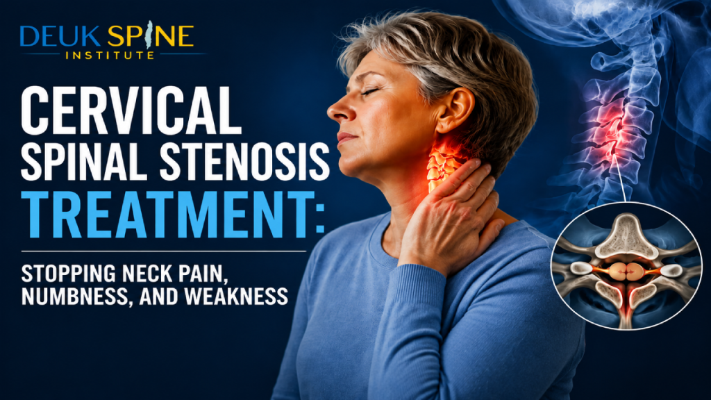 Woman holding neck in pain, with labeled spine illustration and text about cervical spinal stenosis treatment.