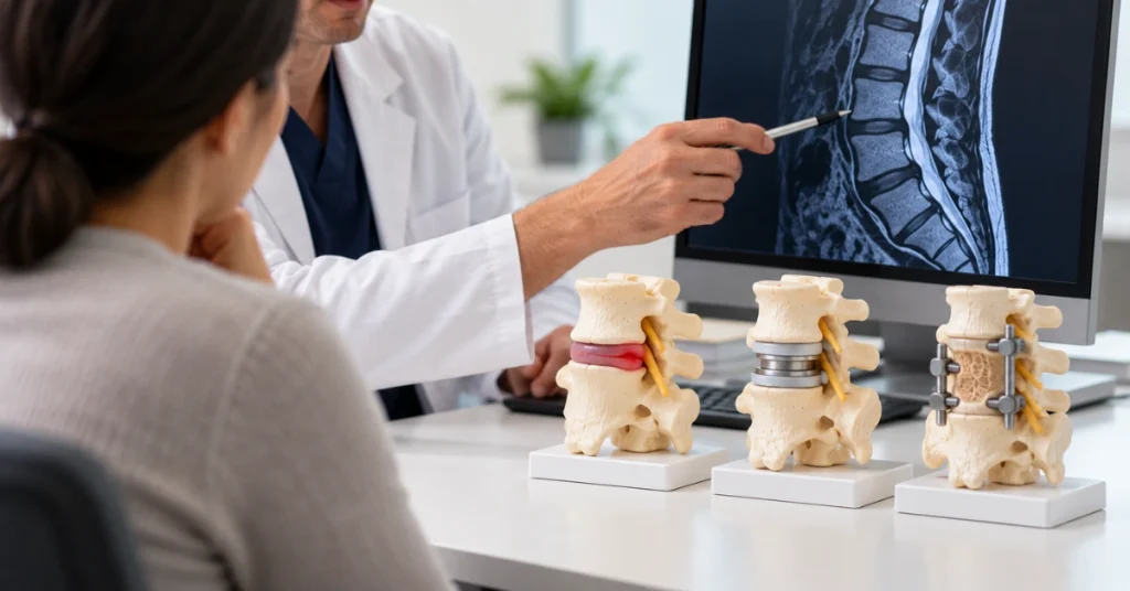 Spine specialist reviewing a lumbar MRI with a patient alongside models illustrating different surgical options and alternatives to spinal fusion.