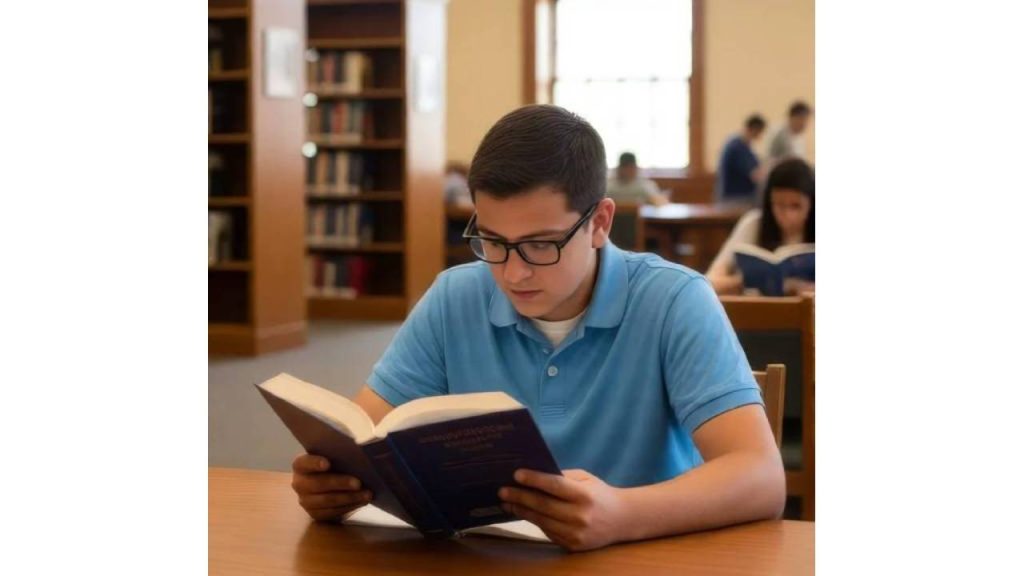A person in a blue shirt reading a book in a library setting.