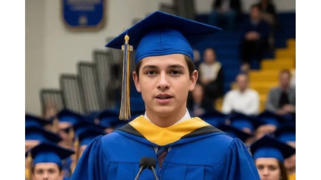 A graduate in a blue cap and gown speaks at a ceremony podium.