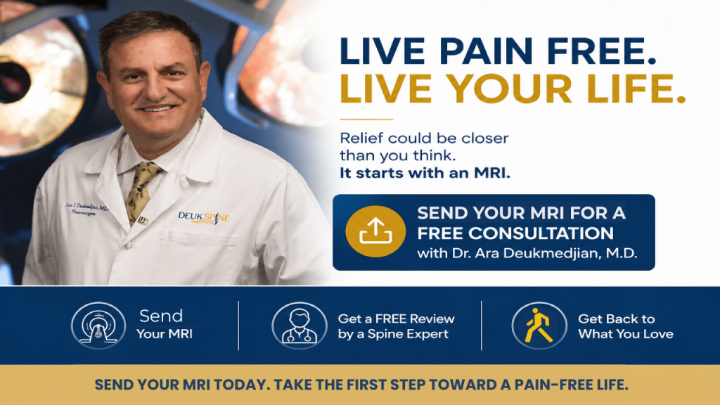 Doctor in a lab coat with text promoting MRI consultations for a pain-free life.