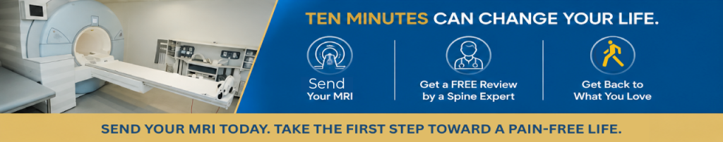 Advertisement for MRI review services promising a pain-free life in ten minutes.