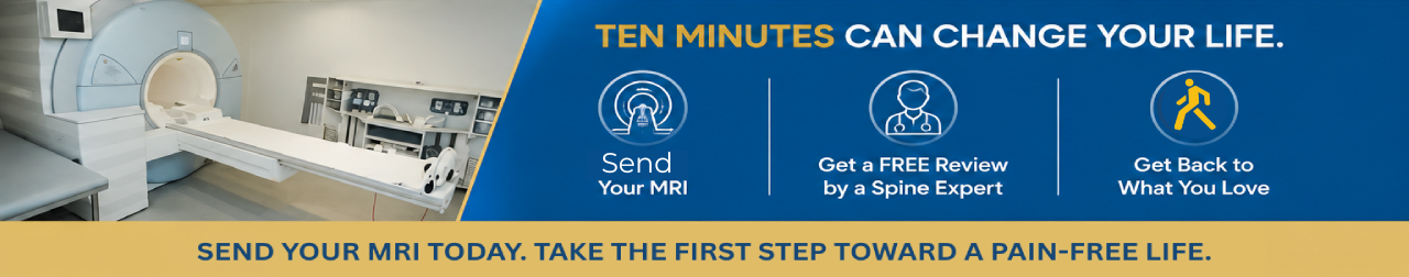 Advertisement for MRI review services promising a pain-free life in ten minutes.