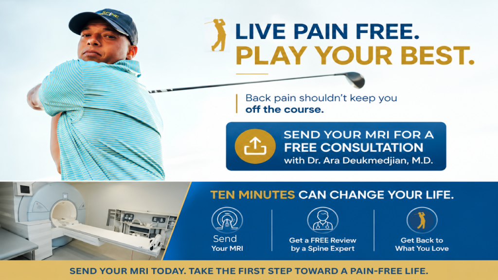Golfer swinging a club with text promoting a free MRI consultation for back pain.