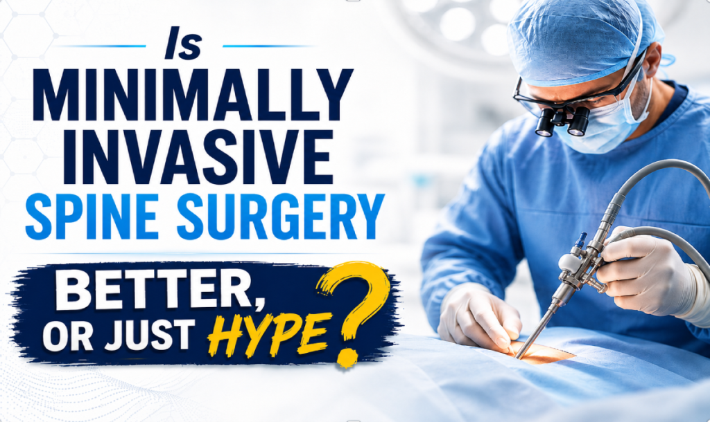 Surgeon performing minimally invasive spine surgery, text questions its effectiveness.